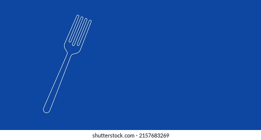 A large white outline fork on the left. Designed as thin white lines. Vector illustration on blue background