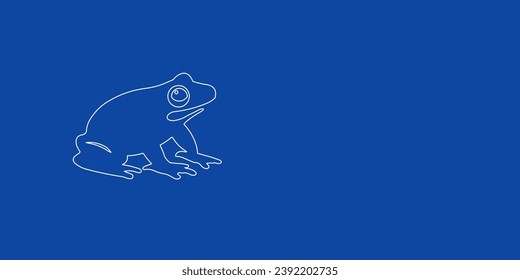 Ein großer weißer Umriss lustiger Frosch auf der linken Seite. Entwickelt als dünne weiße Linien. Vektorgrafik auf blauem Hintergrund
