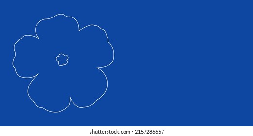 Un gran geranio de contorno blanco a la izquierda. Diseñado como líneas blancas delgadas. Ilustración vectorial sobre fondo azul