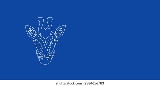 A large white outline giraffe head symbol on the left. Designed as thin white lines. Vector illustration on blue background
