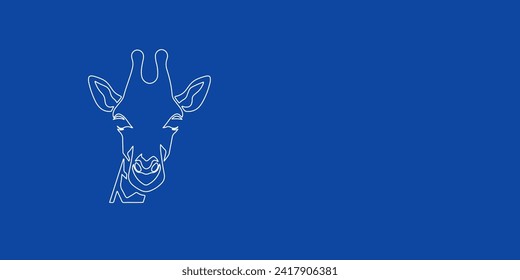 Un gran símbolo de cabeza de jirafa de contorno blanco a la izquierda. Diseñado como líneas blancas delgadas. Ilustración vectorial sobre fondo azul