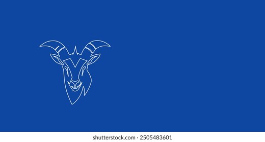 A large white outline goat head symbol on the left. Designed as thin white lines. Vector illustration on blue background