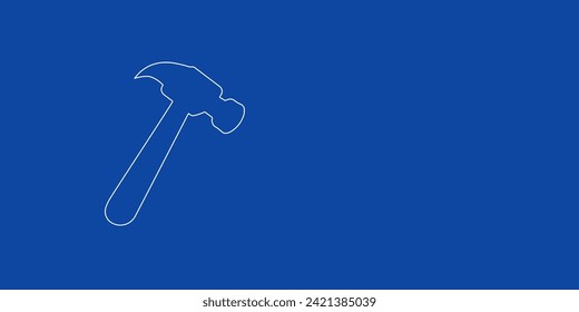A large white outline hammer symbol on the left. Designed as thin white lines. Vector illustration on blue background