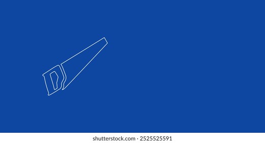 A large white outline hand saw symbol on the left. Designed as thin white lines. Vector illustration on blue background