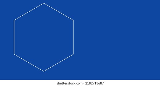 A large white outline hexagon symbol on the left. Designed as thin white lines. Vector illustration on blue background