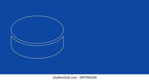 A large white outline hockey puck on the left. Designed as thin white lines. Vector illustration on blue background