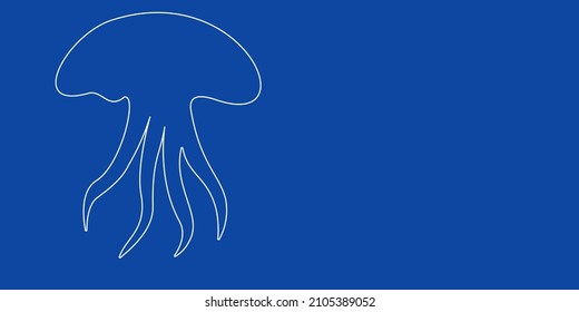 A large white outline jellyfish symbol on the left. Designed as thin white lines. Vector illustration on blue background