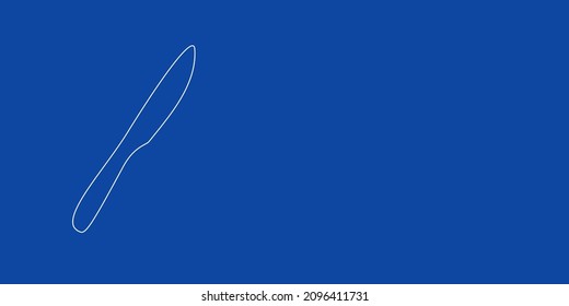 A large white outline kitchen knife symbol on the left. Designed as thin white lines. Vector illustration on blue background