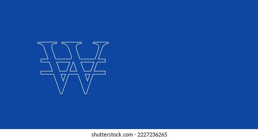 A large white outline Korean won sign on the left. Designed as thin white lines. Vector illustration on blue background