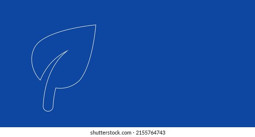 A large white outline leaf symbol on the left. Designed as thin white lines. Vector illustration on blue background