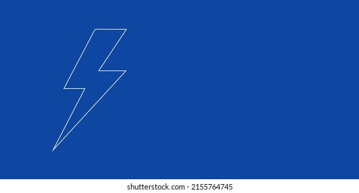 Un gran símbolo de rayo de contorno blanco a la izquierda. Diseñado como líneas blancas delgadas. Ilustración vectorial sobre fondo azul