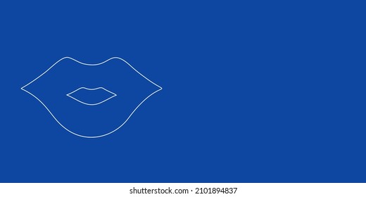 Un gran símbolo de labios de contorno blanco a la izquierda. Diseñado como líneas blancas delgadas. Ilustración vectorial sobre fondo azul