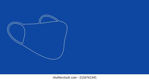 A large white outline mask symbol on the left. Designed as thin white lines. Vector illustration on blue background
