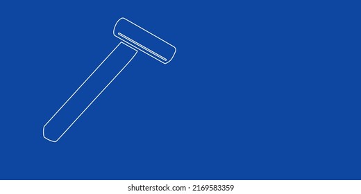 A large white outline mens razor symbol on the left. Designed as thin white lines. Vector illustration on blue background