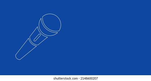 A large white outline microphone symbol on the left. Designed as thin white lines. Vector illustration on blue background