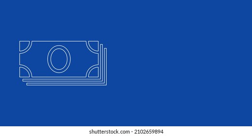 A large white outline money bundle symbol on the left. Designed as thin white lines. Vector illustration on blue background