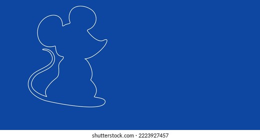 Un gran símbolo del ratón sobre el contorno blanco a la izquierda. Diseñado como líneas blancas delgadas. Ilustración vectorial sobre fondo azul