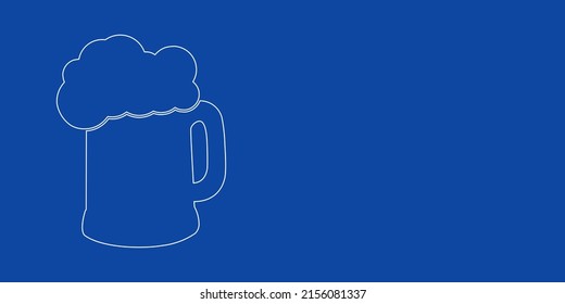 A large white outline mug beer symbol on the left. Designed as thin white lines. Vector illustration on blue background