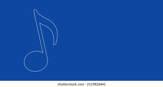 A large white outline musical note symbol on the left. Designed as thin white lines. Vector illustration on blue background