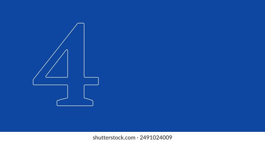 A large white outline number four symbol on the left. Designed as thin white lines. Vector illustration on blue background