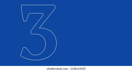 A large white outline number three symbol on the left. Designed as thin white lines. Vector illustration on blue background