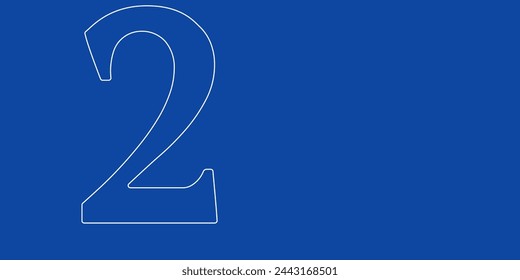 Un gran contorno blanco símbolo número dos a la izquierda. Diseñado como líneas blancas finas. Ilustración vectorial sobre fondo azul