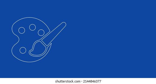 A large white outline palette symbol on the left. Designed as thin white lines. Vector illustration on blue background