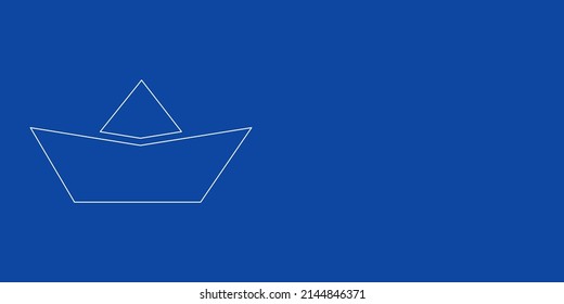 A large white outline paper boat symbol on the left. Designed as thin white lines. Vector illustration on blue background