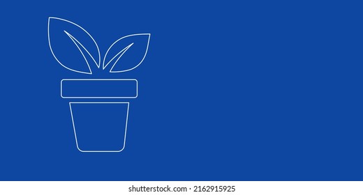 A Large White Outline Plant In Pot Symbol On The Left. Designed As Thin White Lines. Vector Illustration On Blue Background