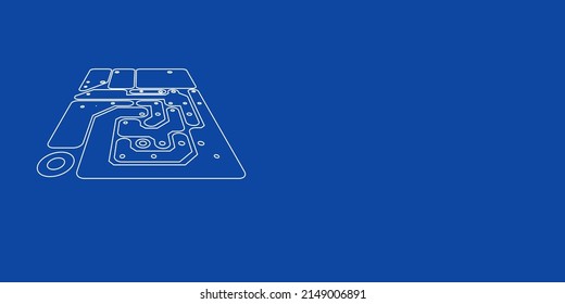 A large white outline printed circuit board on the left. Designed as thin white lines. Vector illustration on blue background