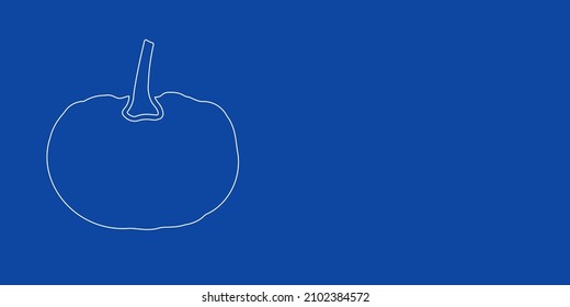 Un gran símbolo de calabaza de contorno blanco a la izquierda. Diseñado como líneas blancas delgadas. Ilustración vectorial sobre fondo azul