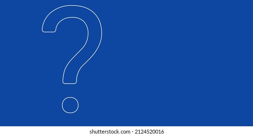 Un gran símbolo de interrogación de contorno blanco a la izquierda. Diseñado como líneas blancas delgadas. Ilustración vectorial sobre fondo azul