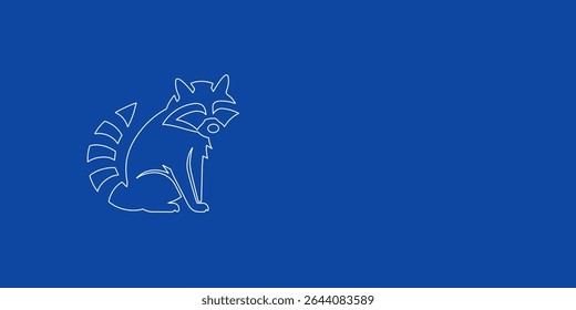 Um grande símbolo branco de guaxinim na esquerda. Projetado como linhas brancas finas. Ilustração vetorial no plano de fundo azul