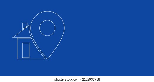 A large white outline real estate location symbol on the left. Designed as thin white lines. Vector illustration on blue background