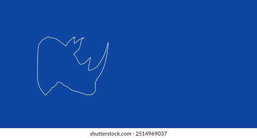 A large white outline rhinoceros head symbol on the left. Designed as thin white lines. Vector illustration on blue background