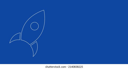 A large white outline rocket symbol on the left. Designed as thin white lines. Vector illustration on blue background