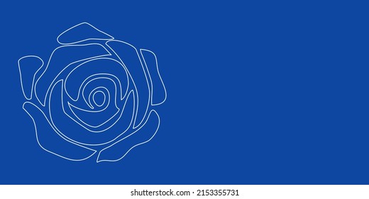 A large white outline rose on the left. Designed as thin white lines. Vector illustration on blue background
