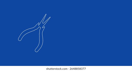 A large white outline round pliers symbol on the left. Designed as thin white lines. Vector illustration on blue background