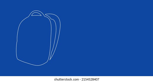 A large white outline school bag symbol on the left. Designed as thin white lines. Vector illustration on blue background