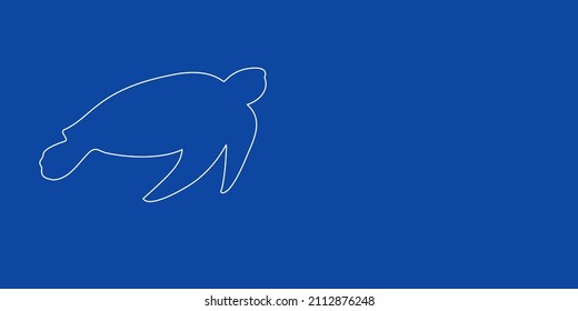 A large white outline sea turtle symbol on the left. Designed as thin white lines. Vector illustration on blue background