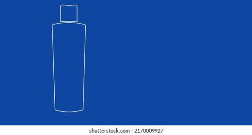 A large white outline shampoo symbol on the left. Designed as thin white lines. Vector illustration on blue background