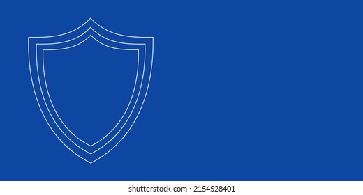A large white outline shield symbol on the left. Designed as thin white lines. Vector illustration on blue background