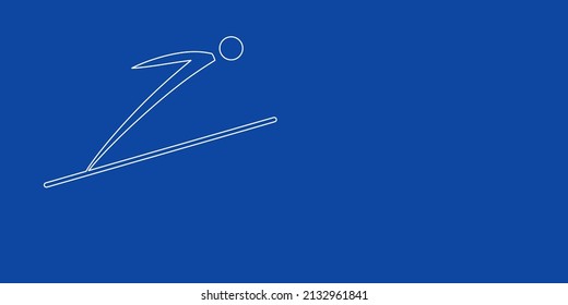 A large white outline Ski jumping symbol on the left. Designed as thin white lines. Vector illustration on blue background