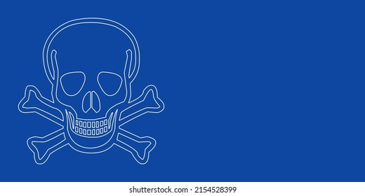 A large white outline skull on the left. Designed as thin white lines. Vector illustration on blue background