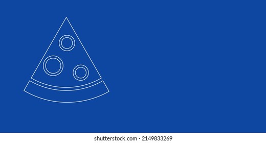 A large white outline slice of pizza on the left. Designed as thin white lines. Vector illustration on blue background