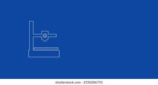 A large white outline small 3D printer symbol on the left. Designed as thin white lines. Vector illustration on blue background