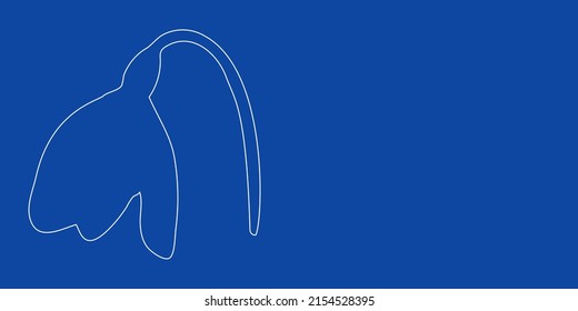A large white outline snowdrop on the left. Designed as thin white lines. Vector illustration on blue background