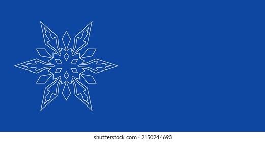 Un gran copo de nieve de contorno blanco a la izquierda. Diseñado como líneas blancas delgadas. Ilustración vectorial sobre fondo azul