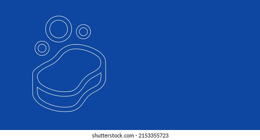 A large white outline soap symbol on the left. Designed as thin white lines. Vector illustration on blue background