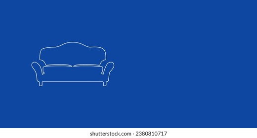 A large white outline sofa symbol on the left. Designed as thin white lines. Vector illustration on blue background